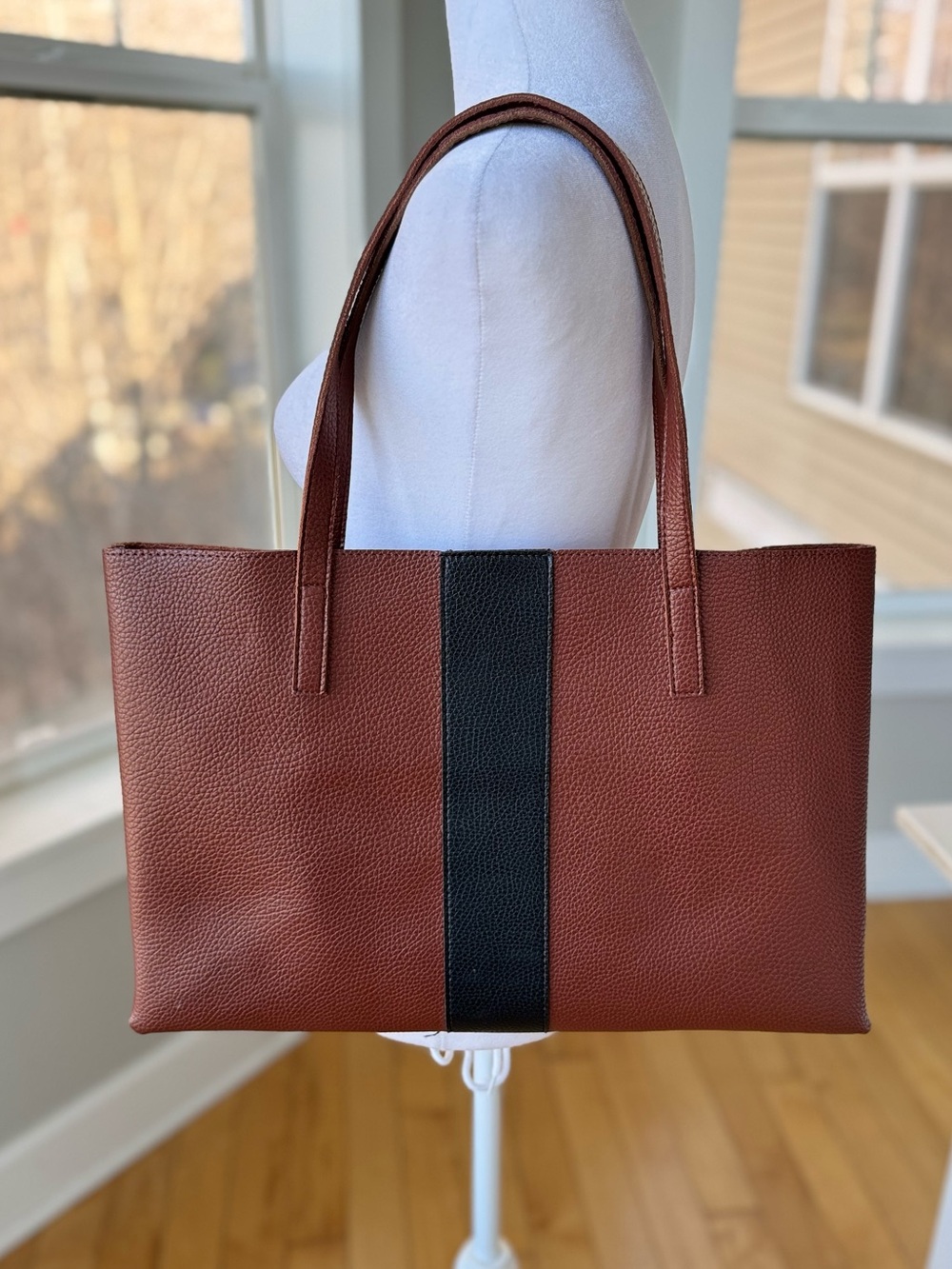 Vince Camuto Brown Black Stripe Minimalist Vegan Pebbled Leather Tote Bag
